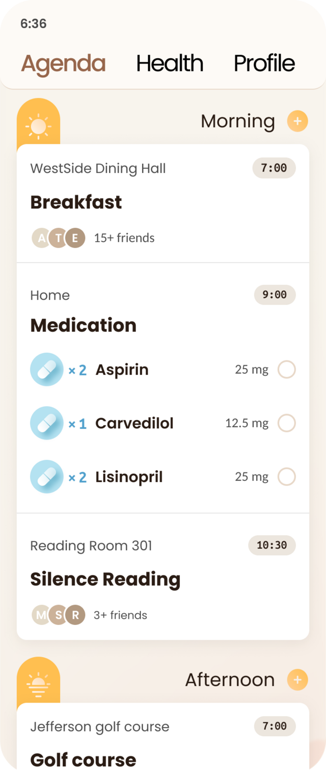 Senior daily agenda and medication schedule